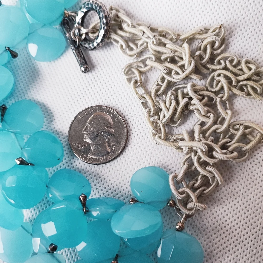 Faceted Glass Aqua Blue Teardrop 3 Strand Acrylic Beaded Necklace Silk Wrapped